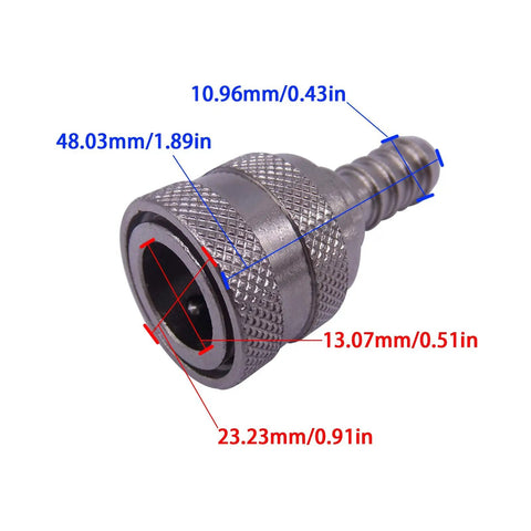 Female Fuel Line Connector Tank End for Outboard Motors 4-140HP with dimensions shown; fits 5/16 inch hose 8mm to 13mm.