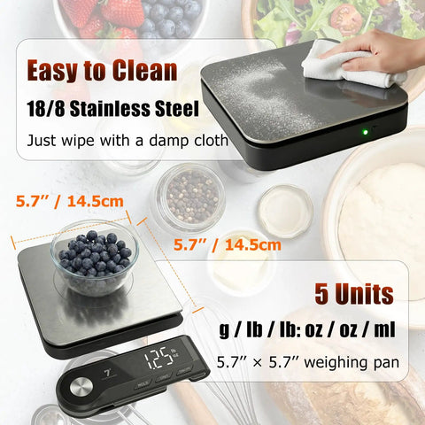 Digital Kitchen Scale With Pull Out Display 0.1g Precision 11 Lb 5 Kg Capacity LED Backlit USB Rechargeable Stainless Steel Platform in use