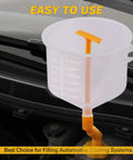 Shop Grade No Drip Coolant Funnel Kit With 19 Universal Radiator Burping And Bleeder Tools Making Antifreeze Refills Smooth And Hassle Free Every Single Time, transparent funnel with measurement markings and a hose attachment.