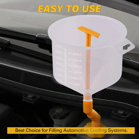 Shop Grade No Drip Coolant Funnel Kit With 19 Universal Radiator Burping And Bleeder Tools Making Antifreeze Refills Smooth And Hassle Free Every Single Time, transparent funnel with measurement markings and a hose attachment.