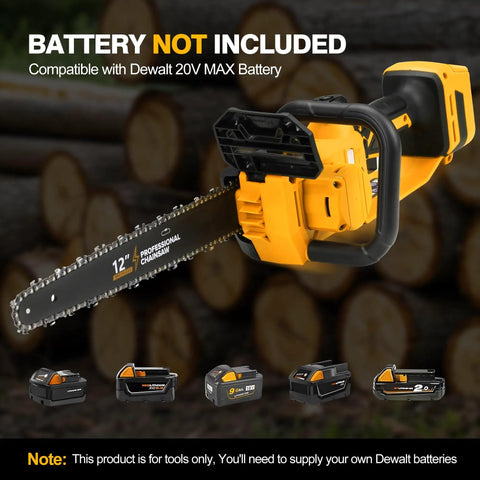 12 Inch Brushless Cordless Chainsaw Tool Only For 20V 60V Battery Systems, 1000W Copper Motor displayed with log background