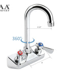 Wall Mount 4 Inch Gooseneck Hand Sink Faucet With Three And A Half Inch Spout, Heavy Duty Brass Construction, Chrome Polished Finish, Lever Handles Color Coded Red And Blue, NSF Approved For Restaurant Kitchen