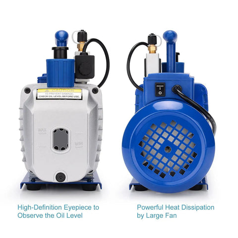 5 CFM 2 Stage Rotary Vane Vacuum Pump With Solenoid Valve For HVAC 110V Half HP Ultimate Vacuum showing front and back views