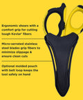Fiber Optic Kevlar Cutter Scissors With Belt Loop Pouch for Electricians, shown with ergonomic grip and pouch.