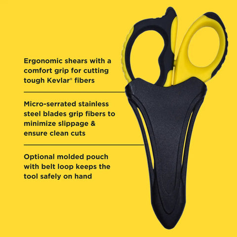 Fiber Optic Kevlar Cutter Scissors With Belt Loop Pouch for Electricians, shown with ergonomic grip and pouch.