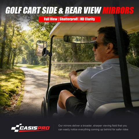 Universal Golf Cart Mirrors Offering HD Wide Angle Shatterproof Glass And Totally Legit No Drill Mount For Ezgo Yamaha Club Car Rear View Side Mirror Kit With 180 Rotation Delivering Boss Level Coverage, showcasing side view while driving.