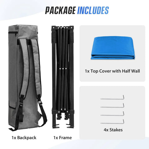 Package contents of 8x8 Pop Up Canopy Tent With Sidewall, Compact Portable Sun Shelter for Beach, Sports, and Camping, Slant Leg Design, Instant Center Lock, Blue System.