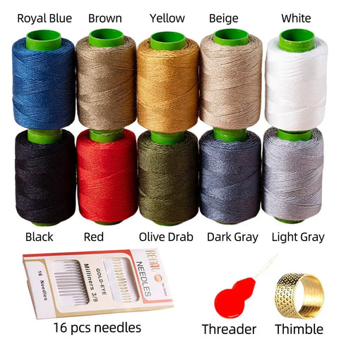 Ten Color Sewing Thread Kit With Heavy Duty Denim Grade Polyester Spools 20s/3 Thick Thread Includes Needles Needle Threader And Thimble