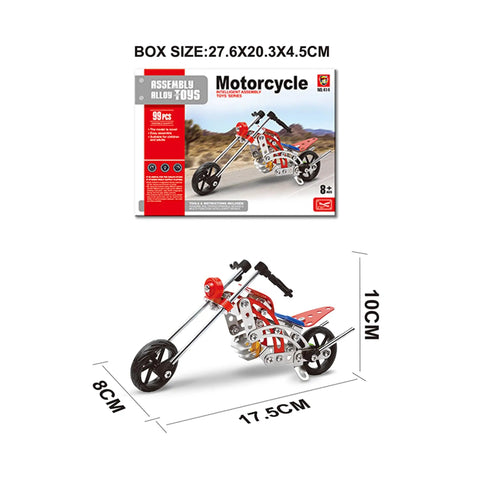 99 Piece Metal Motorcycle Model Building Kit For DIY Chopper Bike Fans And STEM Lovers in red and silver, box and built model