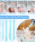 Five epoxy clay tools shown for DIY repairs with putty on a sculpture and pink surface.