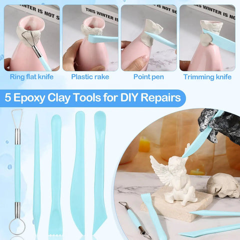 Five epoxy clay tools shown for DIY repairs with putty on a sculpture and pink surface.