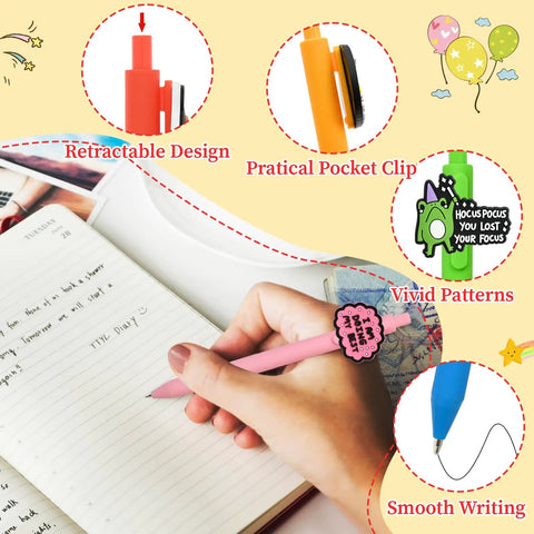 Handwriting with 60 Piece Funny Pens Set For Adults With Positive Quotes And Quirky Graphics Like Cute Animals, Rainbows, Aliens, And Retro Designs, Smooth No Smudge Ballpoint Pens For Office, School, And Daily Writing, featuring retractable design and practical pocket clip.