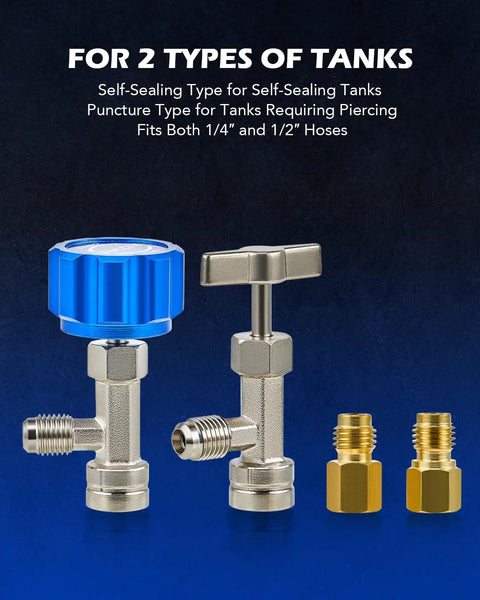 R1234yf Quick Couplers Kit With Self Sealing Taps And Puncture Can Tap, includes adapters and taps for 1/4 to 1/2 inch hoses