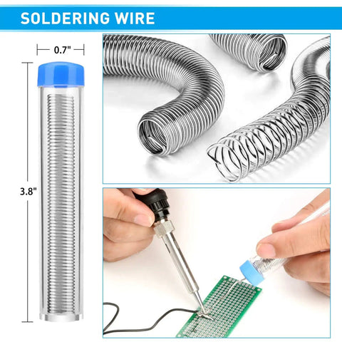 60W Adjustable Soldering Iron Kit With On Off Switch And Temperature Control Pro Grade DIY Soldering Tool Set For Electrical Repairs Includes Stand Tips Desoldering Pump Wick Tweezers Wire Stripper And More with hands using soldering wire on PCB
