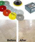 5 Inch Diamond Polishing Pads Wet Dry Set For Quartz Marble Granite Concrete Countertops Includes Grit 50 100 200 400 800 And Hook And Loop Backing Pad For Pro Grinding And Pretty Slick Gloss Finish with before and after effect on marble floor.