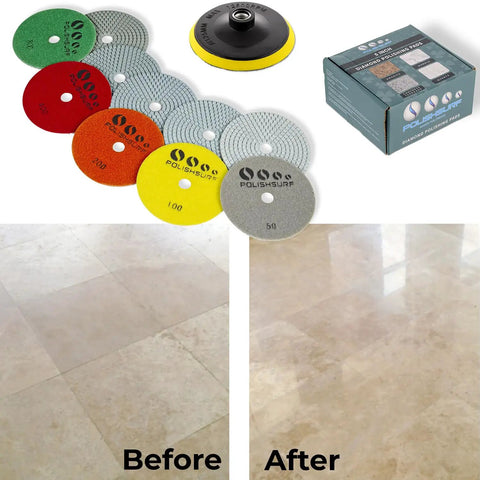 5 Inch Diamond Polishing Pads Wet Dry Set For Quartz Marble Granite Concrete Countertops Includes Grit 50 100 200 400 800 And Hook And Loop Backing Pad For Pro Grinding And Pretty Slick Gloss Finish with before and after effect on marble floor.