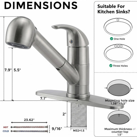 Slick Pullout Kitchen Faucet With Brushed Nickel Stainless Steel Single Handle Compact Design And Dual Spray Modes dimensions and installation details