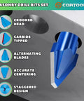 Close-up view of Do It All 10 Piece Eccentric Masonry Drill Bit Set showing crooked head design and features for various materials.