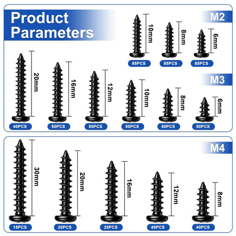 Heavy Duty M2 M3 M4 Phillips Pan Head Self Tapping Wood Screws Assortment Kit 685 Piece Set in sizes 6mm to 30mm