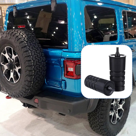 Four Pack Spare Tire Bump Stop Kit for Jeep Wrangler JK JL 2007 to 2024 installed on blue Jeep, polyurethane accessories