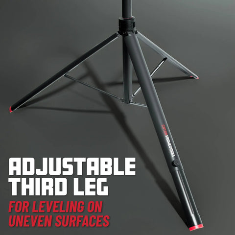 Pro Grade Heavy Duty Speaker Stand Set With LiftEEZ Self Raising Piston showing adjustable third leg for uneven surfaces