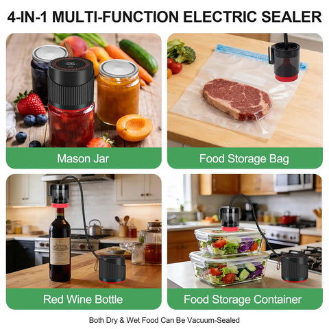Handy Upgraded Four In One Electric Mason Jar Vacuum Sealer Kit seals jars, wine bottles, bags, and containers in a kitchen setting