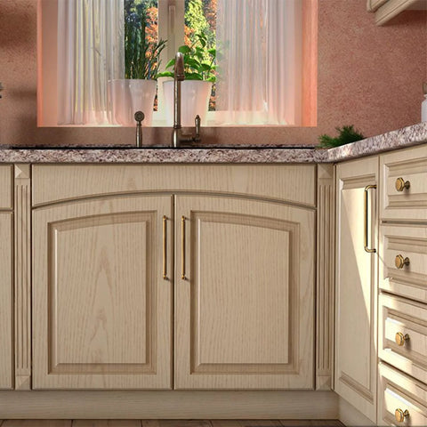 Kitchen view featuring Six Pack Antique Brass Zinc Alloy Cabinet Pulls With 5 Inch Hole Center on beige cabinets.