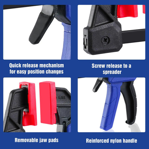 Close-up of Six Inch Mini Bar Clamps Set Two Pack for Woodworking with screw release, removable jaw pads, and nylon handle.