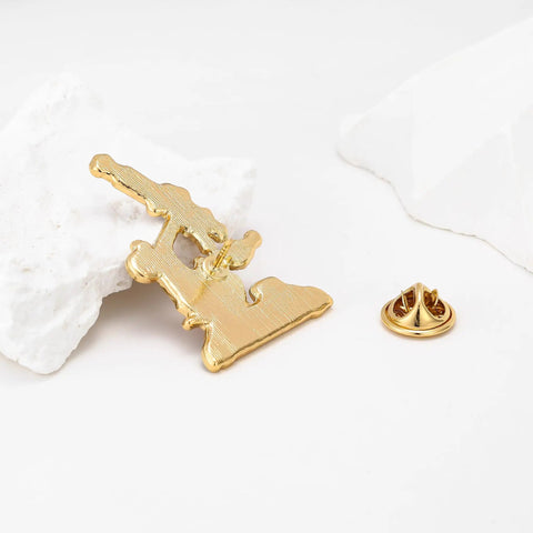 Back view of Colorful Enamel Microscope Brooch Pin For Scientists And Lab Enthusiasts On Lab Coats And Bags Stay Curious Inspirational Jewelry