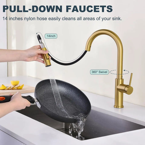 Tohlar Gold Kitchen Faucet with Pull Down Sprayer, 14-inch hose, 360° swivel, stylish brushed gold finish in kitchen.