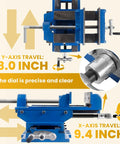 Badass Six Inch Cross Slide Drill Press Vise and Heavy Duty Bench Vice showing Y-axis 8 inch and X-axis 9.4 inch travel.