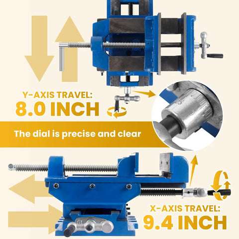 Badass Six Inch Cross Slide Drill Press Vise and Heavy Duty Bench Vice showing Y-axis 8 inch and X-axis 9.4 inch travel.
