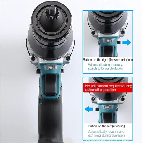 Close-up view of Hardcore Cordless Rivet Nut Gun For Metal Fabrication and Auto Shop Projects showing trigger and buttons.