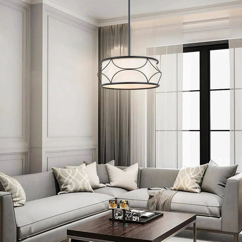 Dope Modern Drum Chandelier Pendant Light With Black Metal Frame And Fabric Shade for kitchen island and dining room in living area