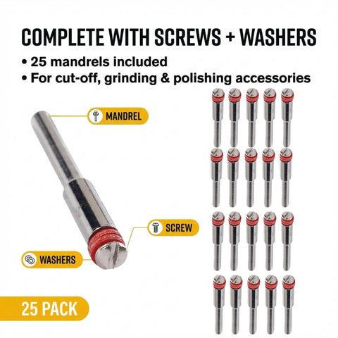 25 Pack Rotary Tool Mandrels Workhorse 1 8th Inch Shank Dremel 402 Compatible Replacement Holders displayed with screws and washers
