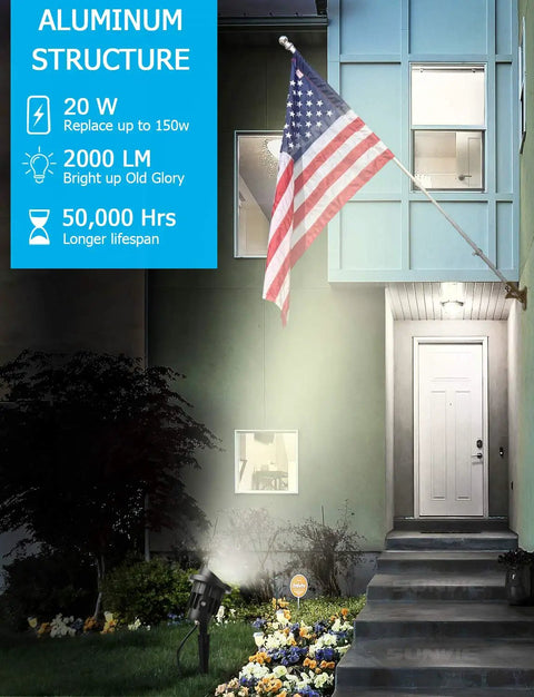 20W Outdoor Landscape Spotlight LED 120V AC Waterproof Yard Lights illuminating a flag on a house with 2000 lumens
