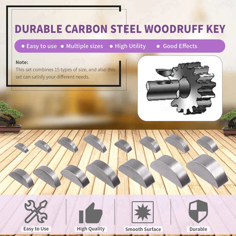 150Pcs Woodruff Keys Set In 15 Sizes 3mm 4mm 5mm 6mm 8mm 10mm Half Moon Semicircle Bond Keys For Fasteners And Mechanical Hardware Metric Assortment Kit For DIYers And Pros displayed on a table with a gear illustration.