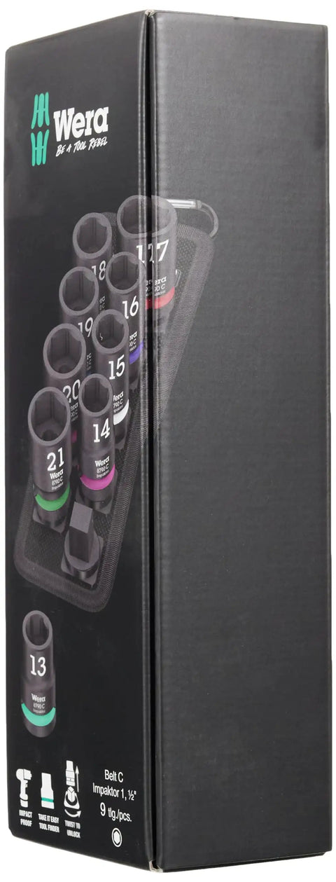 Belt C Impaktor 1 Socket Set, 1/2 Inch Drive, 9 Pieces in box with color coded sockets, rugged textile belt shown