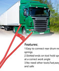 Heavy Duty Truck Brake Spring Tool For Semi Trucks, Pro Grade Rockwell Drum Brake Spring Pliers, Red beside green truck