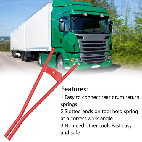Heavy Duty Truck Brake Spring Tool For Semi Trucks, Pro Grade Rockwell Drum Brake Spring Pliers, Red beside green truck