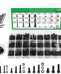 860 Piece Metric Screw Set With M2 M3 M4 M5 Machine Screws, Lock And Flat Washers, 12.9 Grade Alloy Steel, Hex Socket Head Cap Nuts And Bolts, Pro Grade Heavy Duty Includes Four Wrenches For Home, Shop, And DIY Projects displayed with storage box.
