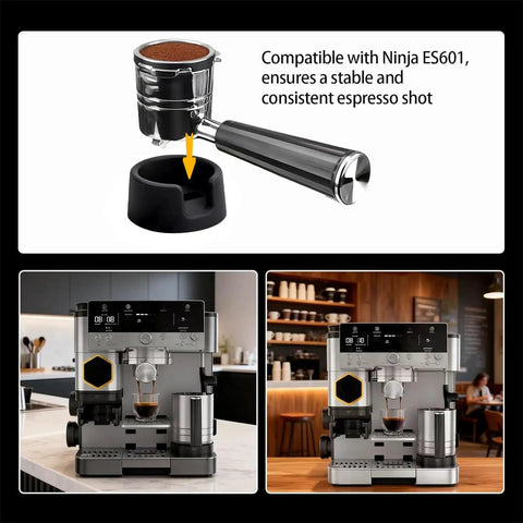 Rock Solid Tamper Base for Luxe Cafe Espresso Makers showing stability with portafilter on countertop in a kitchen setting