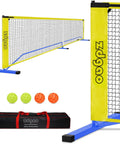 Portable Pickleball Net Set For Driveway With Regulation 22 Foot Net Weather Resistant Steel Frame Easy Setup Includes Carrying Bag And Four Pickleballs For Backyard Fun And Casual Matches, showing net, balls, and bag.