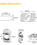 Dimensions and close-up view of 150 Pieces 2020 Series T Slot Nuts Hammer Head Fasteners Plated Carbon Steel Sliding M5 T Nuts.