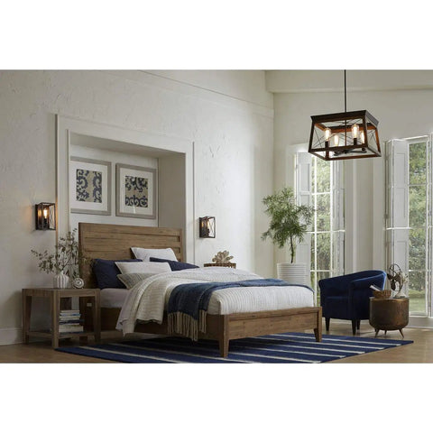 Bedroom with Briarwood Antique Bronze One Light Wall Sconce with Faux Wood Look, adding rustic cozy farmhouse vibe decor.