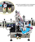 No Sweat Automatic Desktop Labeling Machine With Conveyor Belt showing side view with air compressor connection and labeling components.