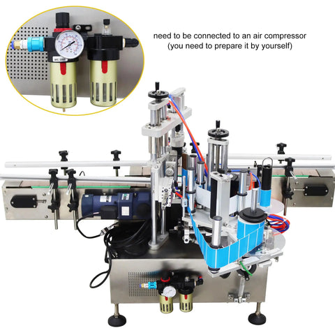No Sweat Automatic Desktop Labeling Machine With Conveyor Belt showing side view with air compressor connection and labeling components.