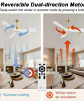 52 Inch Smart Ceiling Fan With Lights Remote Control Quiet DC Motor 3 Blades White Gold Modern Design For Bedroom And Living Room ETL Listed Safe For Your Home shown in summer and winter modes