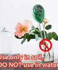 3 In 1 Soil Moisture Light pH Tester for Indoor Plants, probes in glass vase, warning against water use.