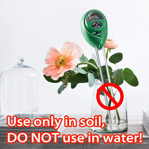3 In 1 Soil Moisture Light pH Tester for Indoor Plants, probes in glass vase, warning against water use.